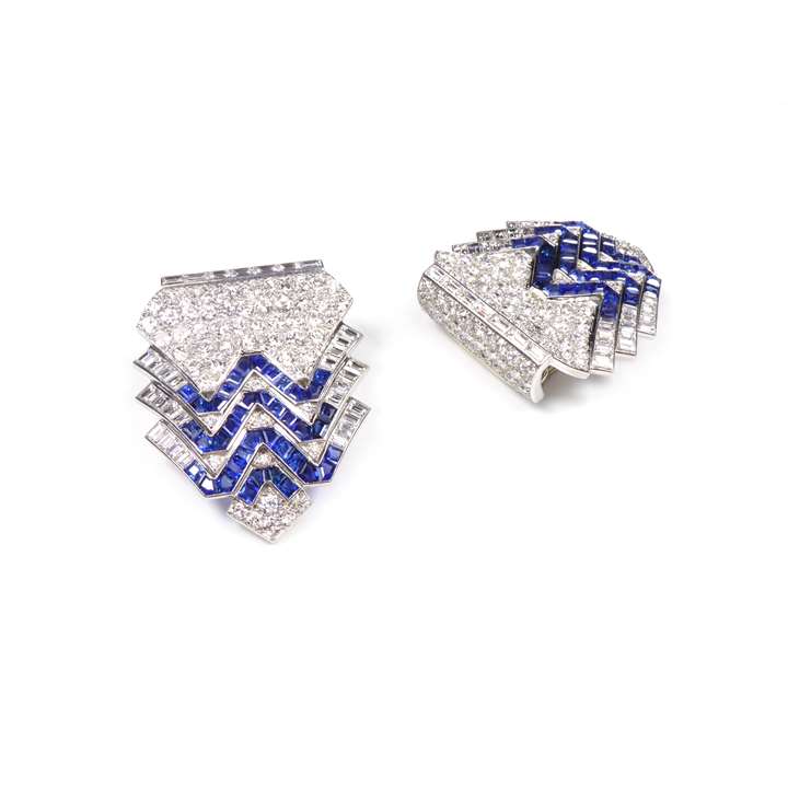 Pair of Art Deco diamond and sapphire zig-zag clip brooches